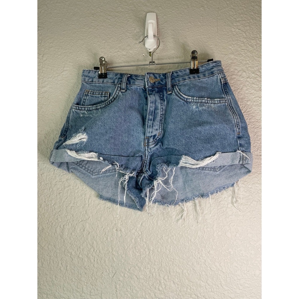 Forever 21 Denim Shorts Distressed Frayed Hem High Waist Blue‎ Size 26